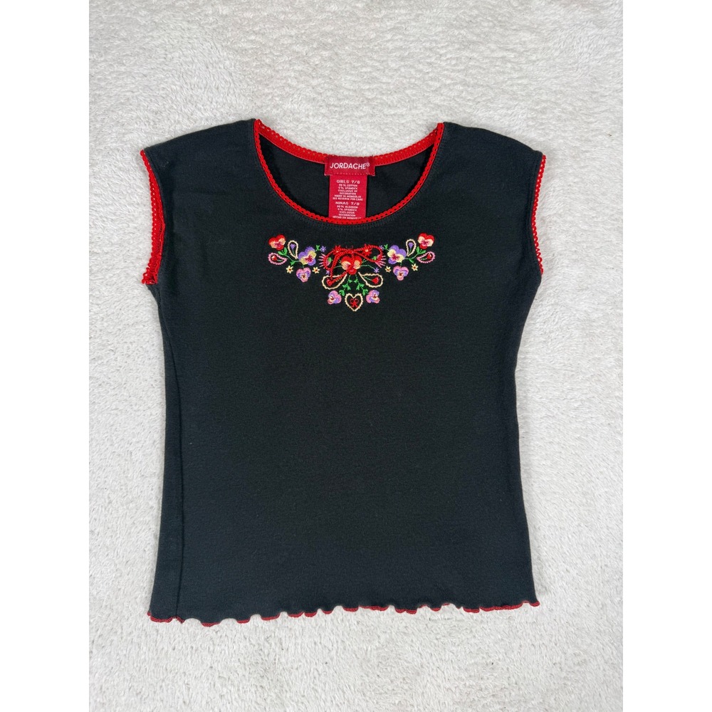 Jordache Cap Sleeve Top Girls 7/8 Black Excellent Floral Embroidered Lettuce Hem